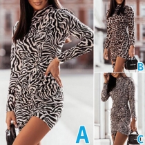Fashion Long Sleve Irregular Hem Slim Fit Leopard/Serpentine/Zebra-stripe Printed Dress