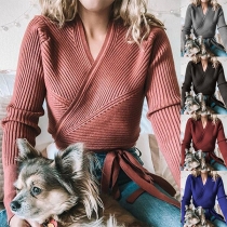 Fashion Solid Color Long Sleeve V-neck Lace-up Hem Knit Crop Top