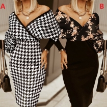 Sexy V-neck Dolman Sleeve High Waist Slim Fit Printed Dress