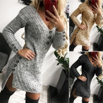 Sexy V-neck Slit High-low Hem Long Sleeve Slim Fit Button Knit Dress