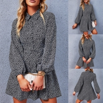 Fresh Style Lantern SLeeve POLO Collar High Waist Ruffle Printed Dress