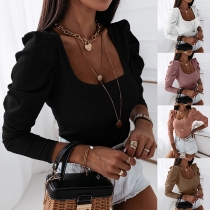 Fashion Solid Color Puff Sleeve Square Collar Slim Fit Top