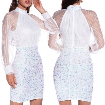 Sexy See-through Gauze Spliced Long Sleeve Mock Neck Slim Fit Sequin Party Dress