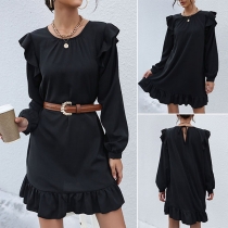Fashion Solid Color Long Sleeve Round Neck Ruffle Hem Dress