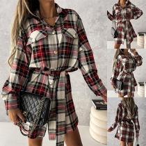 OL Style Long Sleeve POLO Collar Single-breasted Plaid Shirt Dress