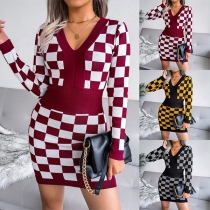 Fashion Long Sleeve V-neck Slim Fit Checkerboard Plaid Knit Dress
