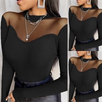 Sexy See-through Gauze Spliced Long Sleeve Slim Fit Knit Top