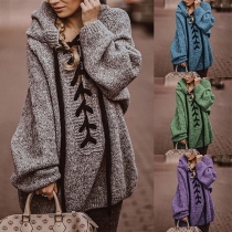 Fashion Long Sleeve Front Lace-up Solid Color Loose Knit Pullover Sweater