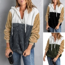 Fashion Contrast Color Long Sleeve Hooded Plush Sweatshirt