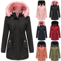 Fashion Detachable Faux Fur Collar Hooded Drawstring Waist Warm Coat