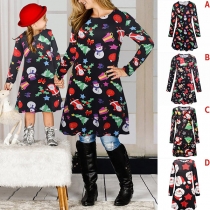 Fashion Long Sleeve Round Neck Christmas Printed Parent-child Dress