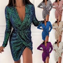 Sexy Deep V-neck Irregular Hem Long Sleeve Slim Fit Sequin Mini Dress