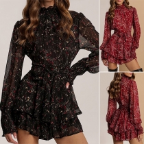 Sweet Style Lantern Sleeve Stand Collar Printed Ruffle Dress