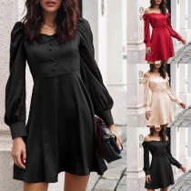 Sexy Off-shoulder Boat Neck Puff Sleeve Solid Color High Waist Dress