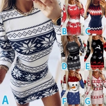 Fashion Long Sleeve V-neck Christmas Printed Slim Fit Dress