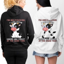 Casual Style Letters Cow Printed Long Sleeve Hooded Loose Sweatshirt