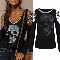 Sexy Off-shoulder Long Sleeve Rhinestone Skull Head Pattern Loose T-shirt