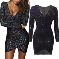 Sexy V-neck Irregular Hem Long Sleeve Slim Fit Sequin Party Dress