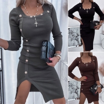 Fashion Solid Color Slit Hem Long Sleeve Slim Fit Button Dress
