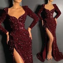 Sexy V-neck Slit Hem Long Sleeve Twisted Sequin Party Dress