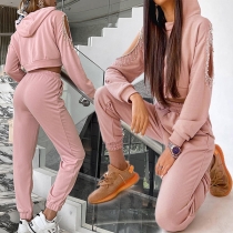 Sexy Off-shoulder Tassel Long Sleeve Hooded Sweatshirt + Pants Two-piece Set