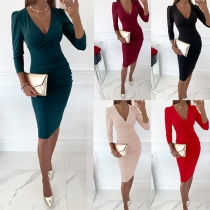 Sexy V-neck Long Sleeve Solid Color Slim Fit Dress