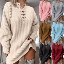 Sexy Lace-up V-neck Long Sleeve Solid Color Loose Sweater Dress