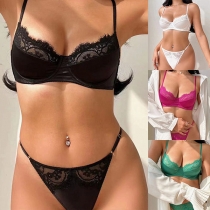 Sexig transparent spets Push-up Underkläder BH och Trosor Set