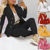 OL Style Långärmad Enfärgad Blazer Coat + Byxor Kostym Set
