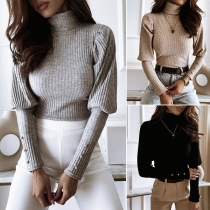 Fashion Solid Color Long Sleeve Turtleneck Slim Fit Knit Top