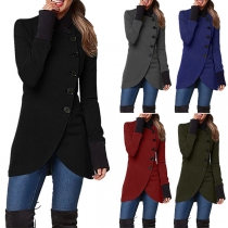 Fashion Contrast Color Long Sleeve Stand Collar Oblique Button Irregular Hem Shirt