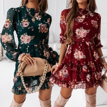 Sweet Style Long Sleeve High Waist Printed Ruffle Dress