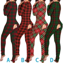 Sexy V-neck Long Sleeve Buff Flap Plaid Printed Home-wear Jumpsuit Pajamas