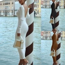 Sexy Backless Long Sleeve Round Neck Solid Color Slim Fit Dress