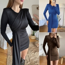 Chic Style Long Sleeve Round Neck Solid Color Irregular Hem Slim Fit Dress