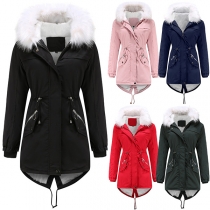 Fashion Solid Color Faux Fur Spliced Hooded Plush Lining Padded Coat