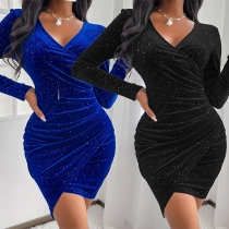 Sexy V-neck Long Sleeve Irregular Hem Sequin Spliced Mini Dress