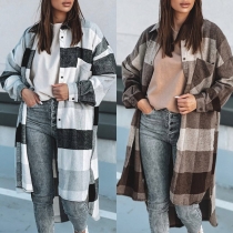 Casual Style Long Sleeve POLO Collar High-low Hem Long-style Plaid Shirt