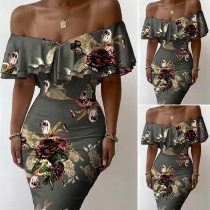 Sexy Ruffle Boat Neck High Waist Slim Fit Printed Dress