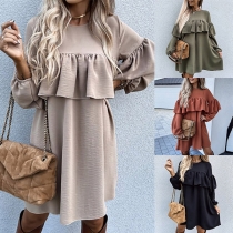 Sweet Style Long Sleeve Round Neck Loose Ruffle Dress