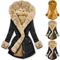 Fashion Faux Fur Spliced Long Sleeve Hooded Plush Lining Warm Coat