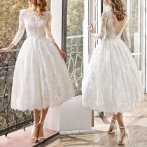 Sexy Backless Long Sleeve Round Neck High Waist Lace Wedding Dress