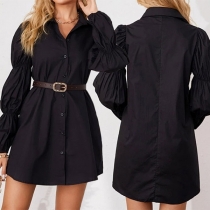 Fashion Solid Color Lantern Sleeve POLO Collar Shirt Dress