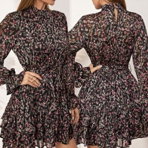 Sweet Style Long Sleeve Mock Neck Ruffle Hem Printed Dress