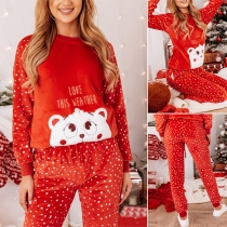Cute Bear Pattern Long Sleeve Round Neck Top +Pants Nightwear Set