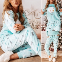 Cute Cartoon Cloud Pattern Long Sleeve Round Neck Top + Pants Nightwear Set