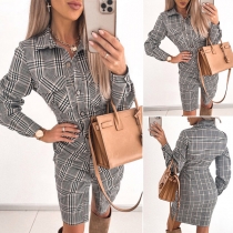 OL Style Long Sleeve POLO Collar Single-breasted Plaid Shirt Dress