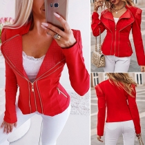 Fashion Solid Color Long Sleeve Lapel Front-zipper Slim Fit Coat