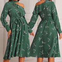Sweet Style Ruffle Oblique Shoulder Long Sleeve Tie-belt Printed Dress