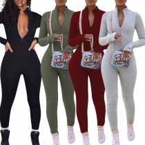 Fashion Solid Color Long Sleeve Stand Collar High Waist Tight Jumpsuit